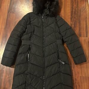 Calvin Klein Puffer Jacket Black Duck Down Coat Long Parka Fur Hooded Large